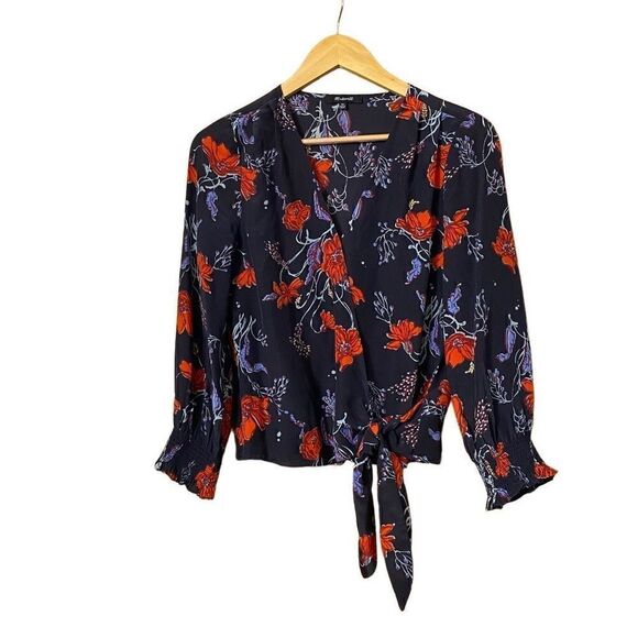 Madewell Silk Smocked-Sleeve Wrap Top small - Picture 3 of 13